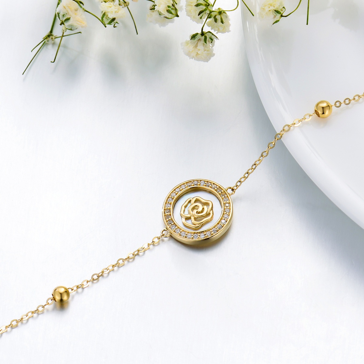 Pulseira com pingente de madrepérola rosa em forma circular em ouro 14K-3