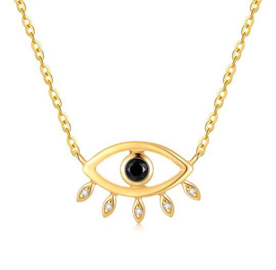 10K Gold Circular Shaped Obsidian Evil Eye Pendant Necklace