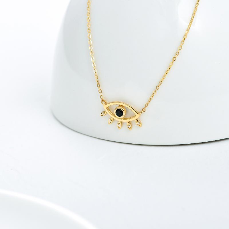 10K Gold Circular Shaped Obsidian Evil Eye Pendant Necklace-4