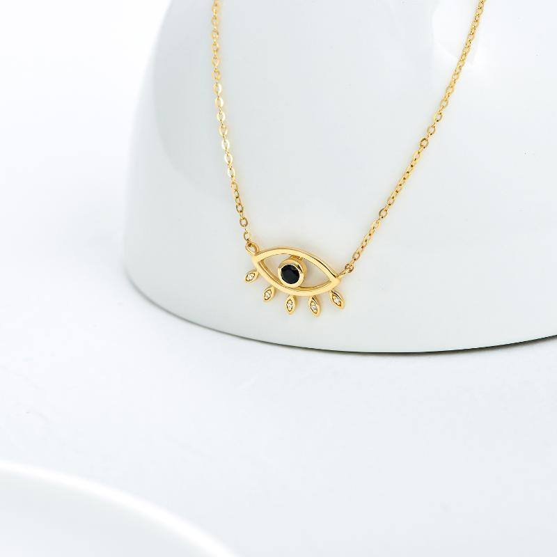 14K Gold Circular Shaped Obsidian Evil Eye Pendant Necklace-4