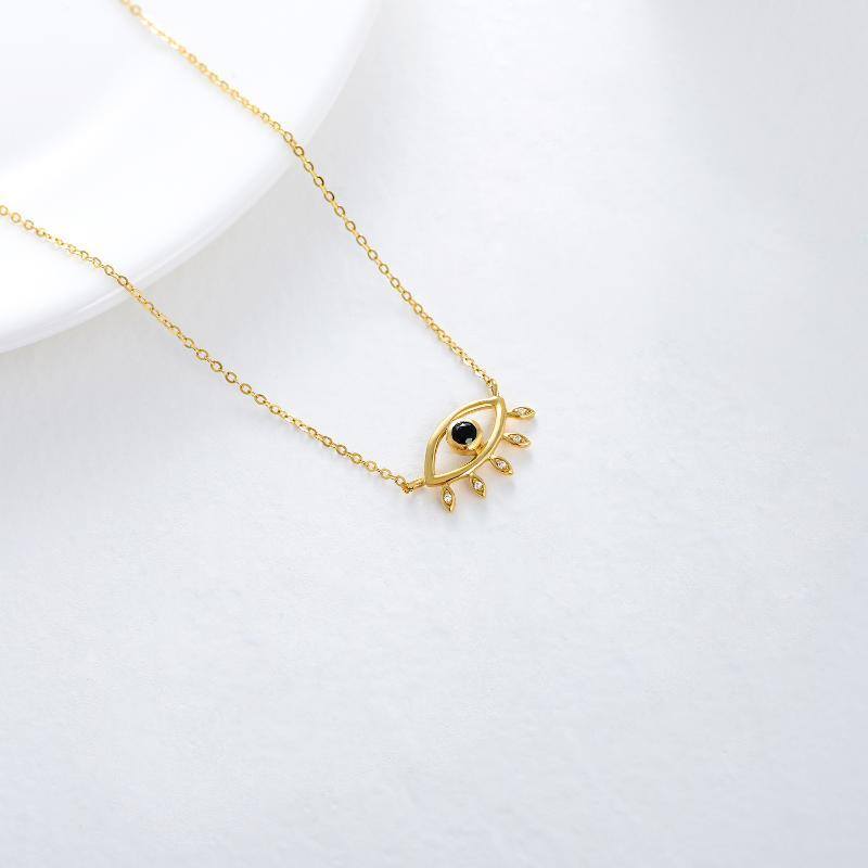 10K Gold Circular Shaped Obsidian Evil Eye Pendant Necklace-5