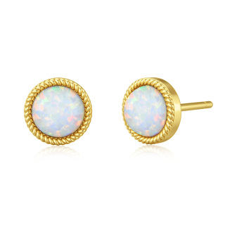 14K Gold Circular Shaped Opal Ball Stud Earrings-58