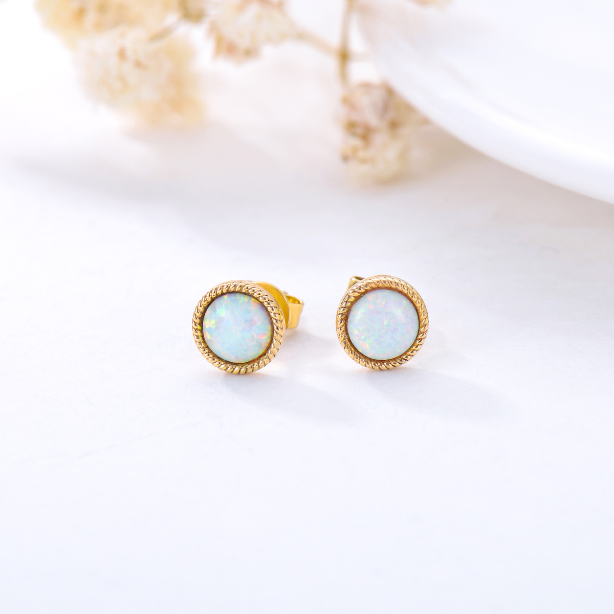 14K Gold Circular Shaped Opal Ball Stud Earrings-3