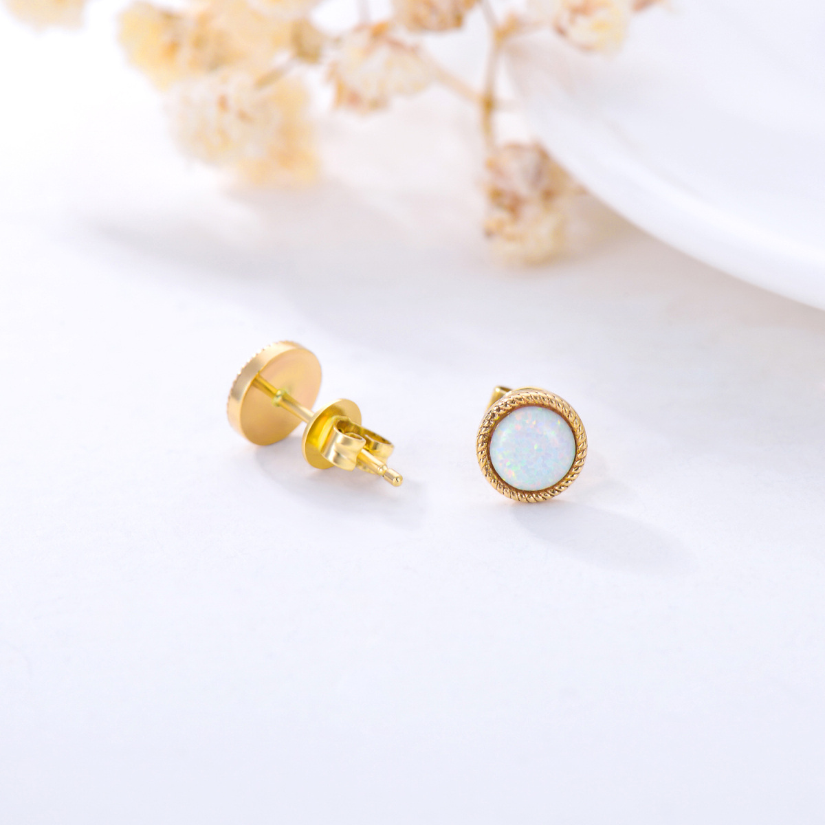 14K Gold Circular Shaped Opal Ball Stud Earrings-4