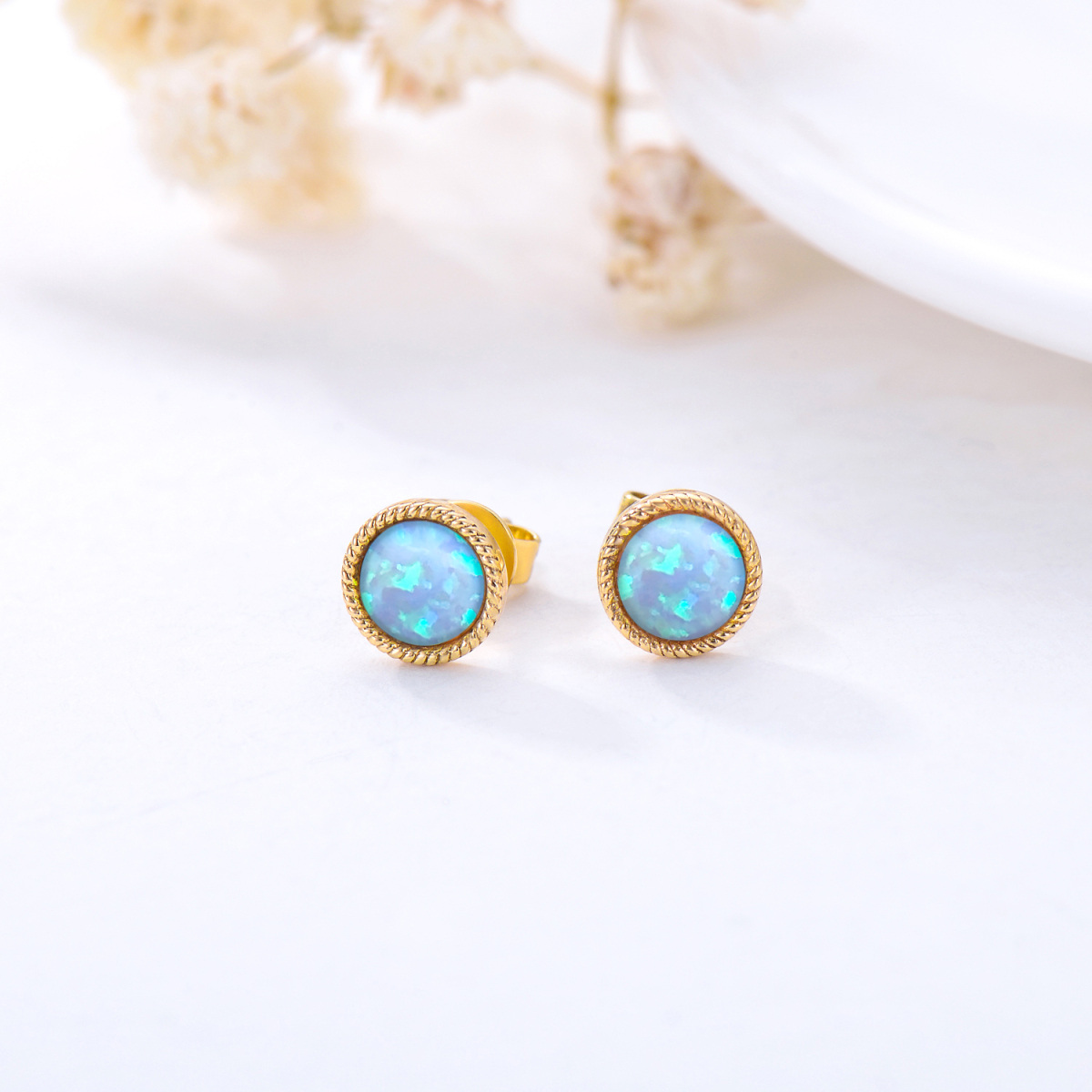 10K Gold Circular Shaped Opal Ball Stud Earrings-3