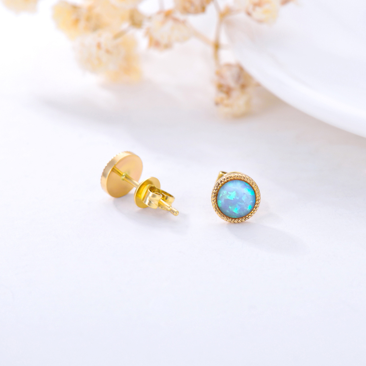 10K Gold Circular Shaped Opal Ball Stud Earrings-4