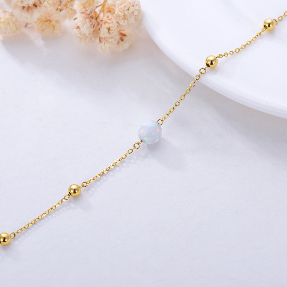 10K Gold Circular Shaped Opal Bead Charm Bracelet-4