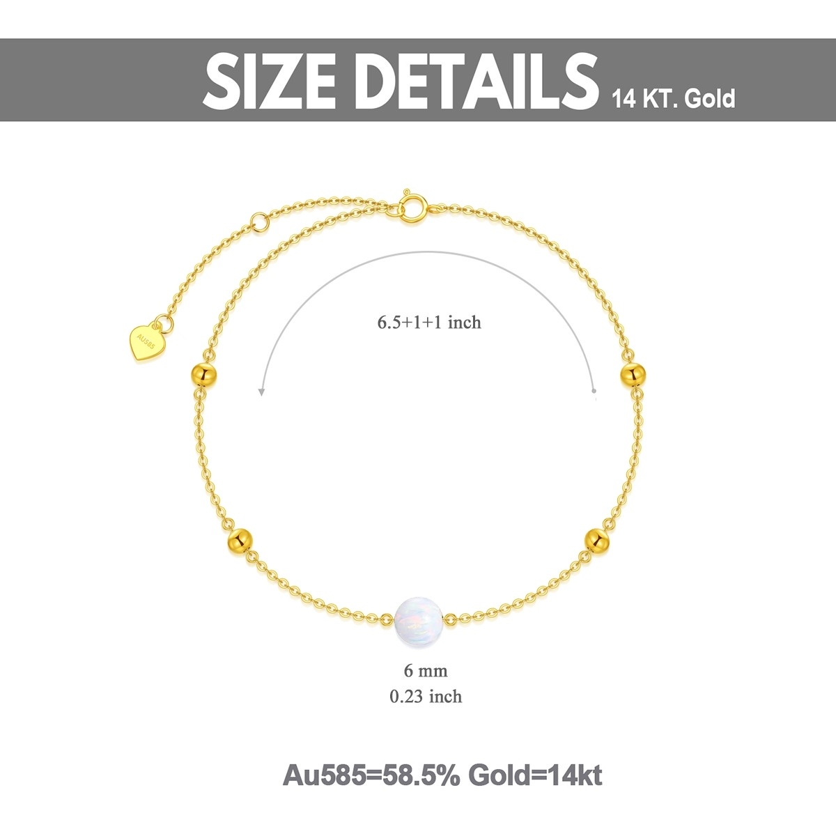 Pulseira com pingente de contas de opala em forma circular em ouro 14K-5