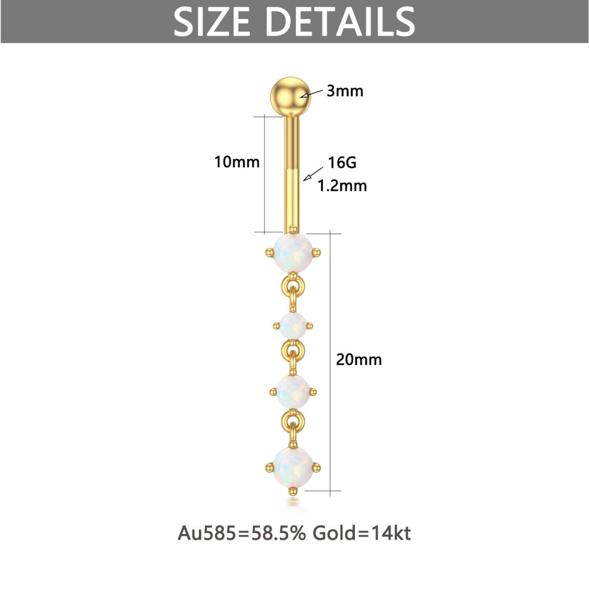 Anel de umbigo de opala em forma circular em ouro de 14K-5