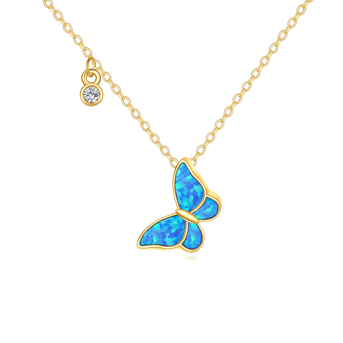 10K Gold Circular Shaped Cubic Zirconia & Opal Butterfly Pendant Necklace-1