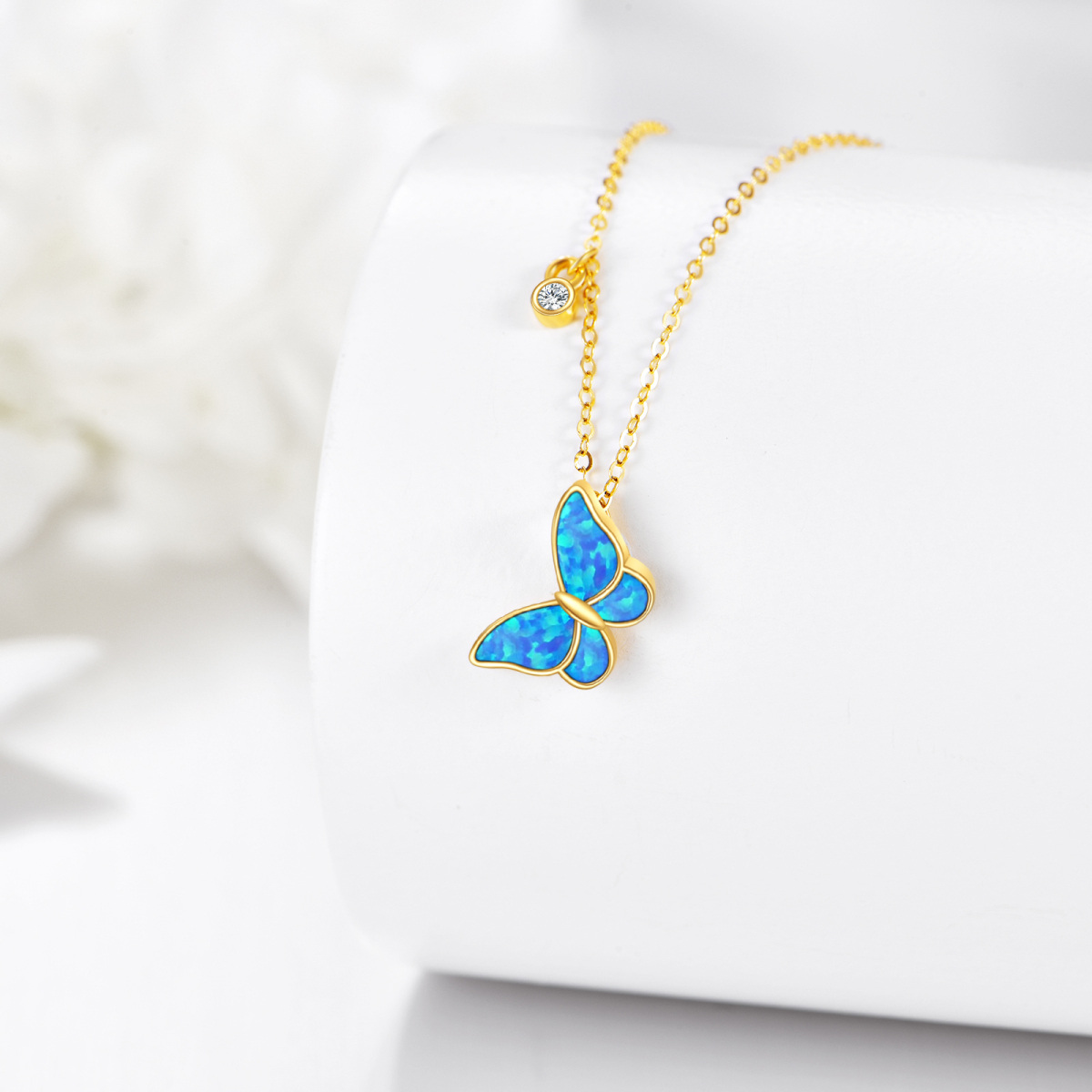 14K Gold Circular Shaped Cubic Zirconia & Opal Butterfly Pendant Necklace-3