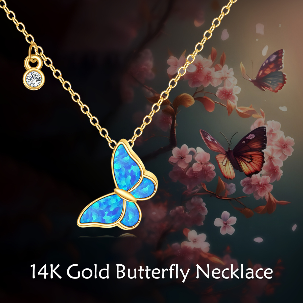 14K Gold kreisförmig Cubic Zirkonia & Opal Schmetterling Anhänger Halskette-6