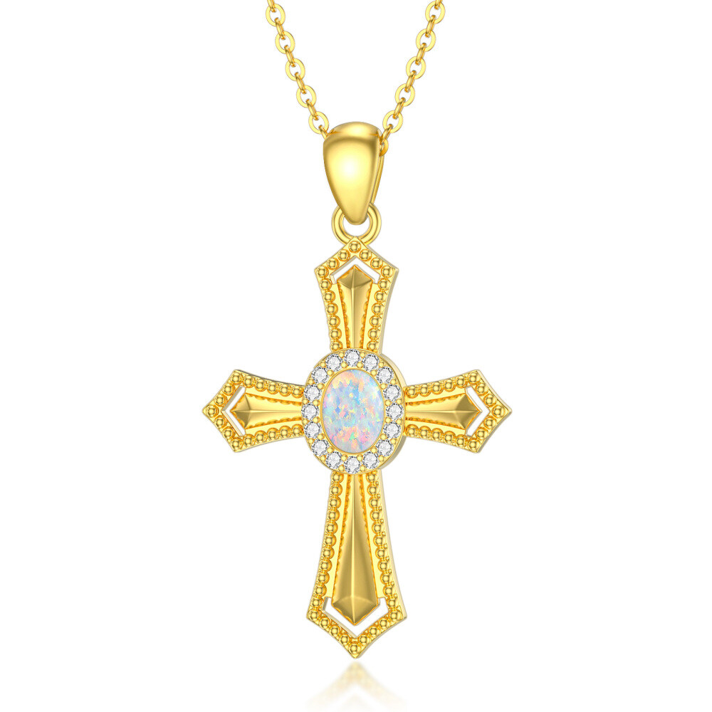 10K Gold Circular Shaped Opal Cross Pendant Necklace-1