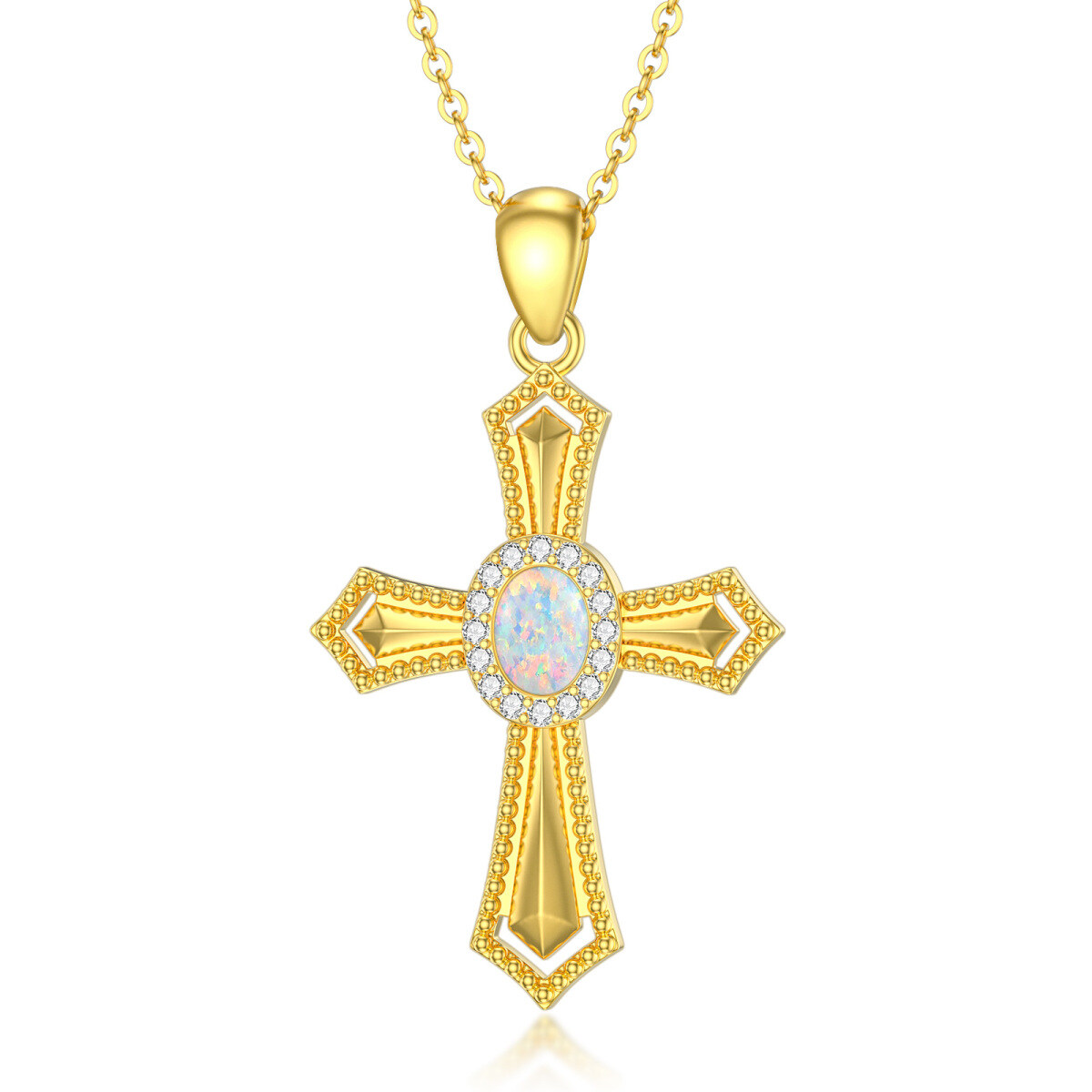 Collier avec pendentif croix en opale de forme circulaire en or 14 carats-1