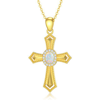 10K Gold Circular Shaped Opal Cross Pendant Necklace-6