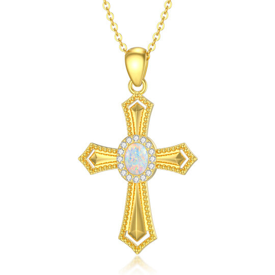 14K Gold Circular Shaped Opal Cross Pendant Necklace