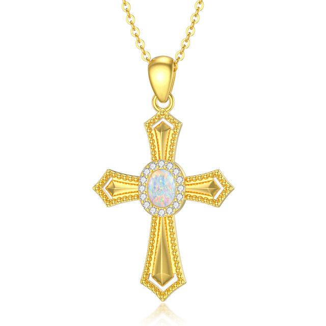 14K Gold Circular Shaped Opal Cross Pendant Necklace-1