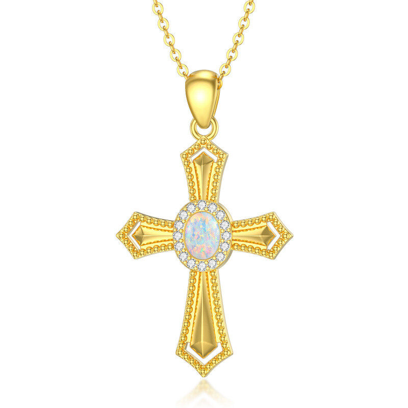 10K Gold Circular Shaped Opal Cross Pendant Necklace-20