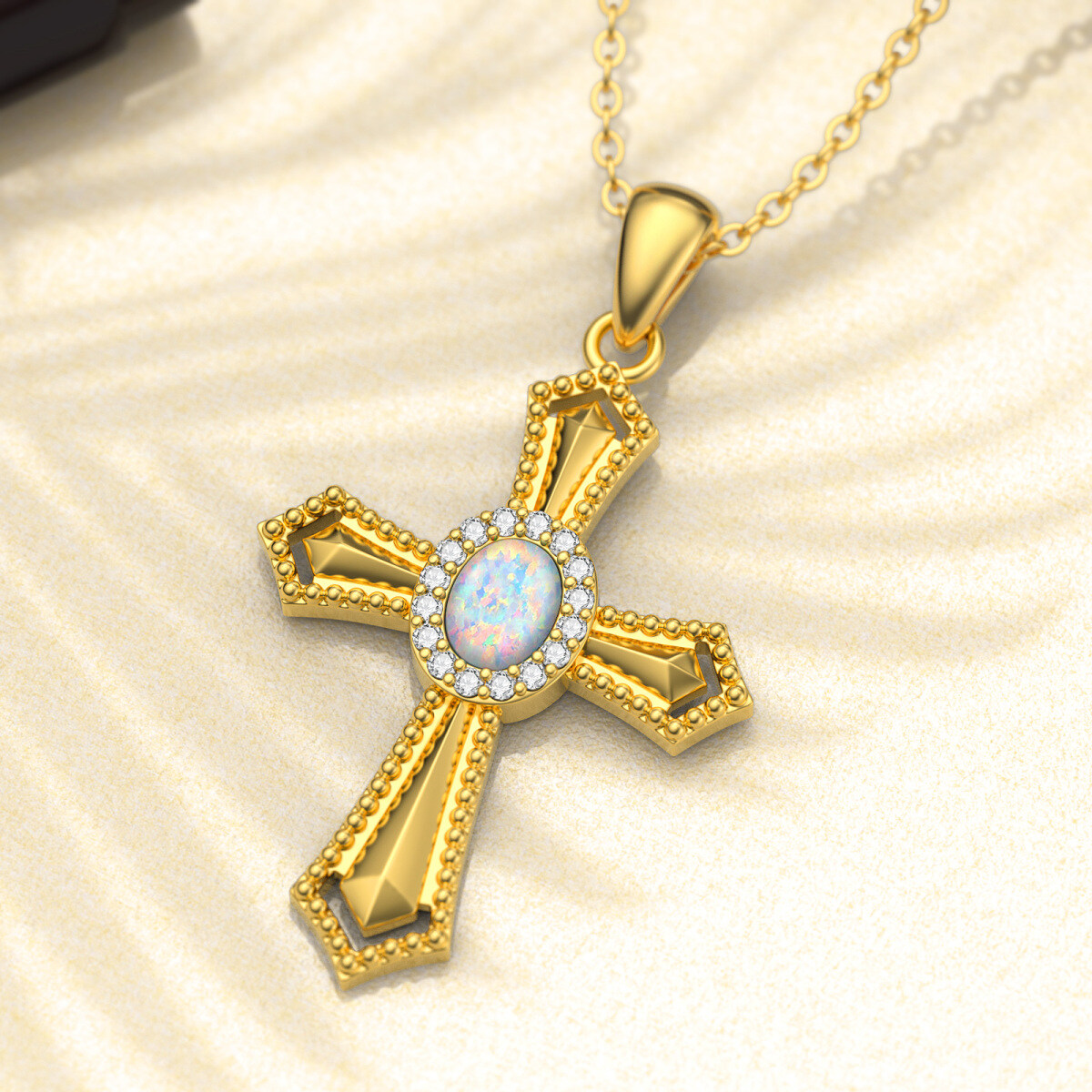 14K Gold Circular Shaped Opal Cross Pendant Necklace-2