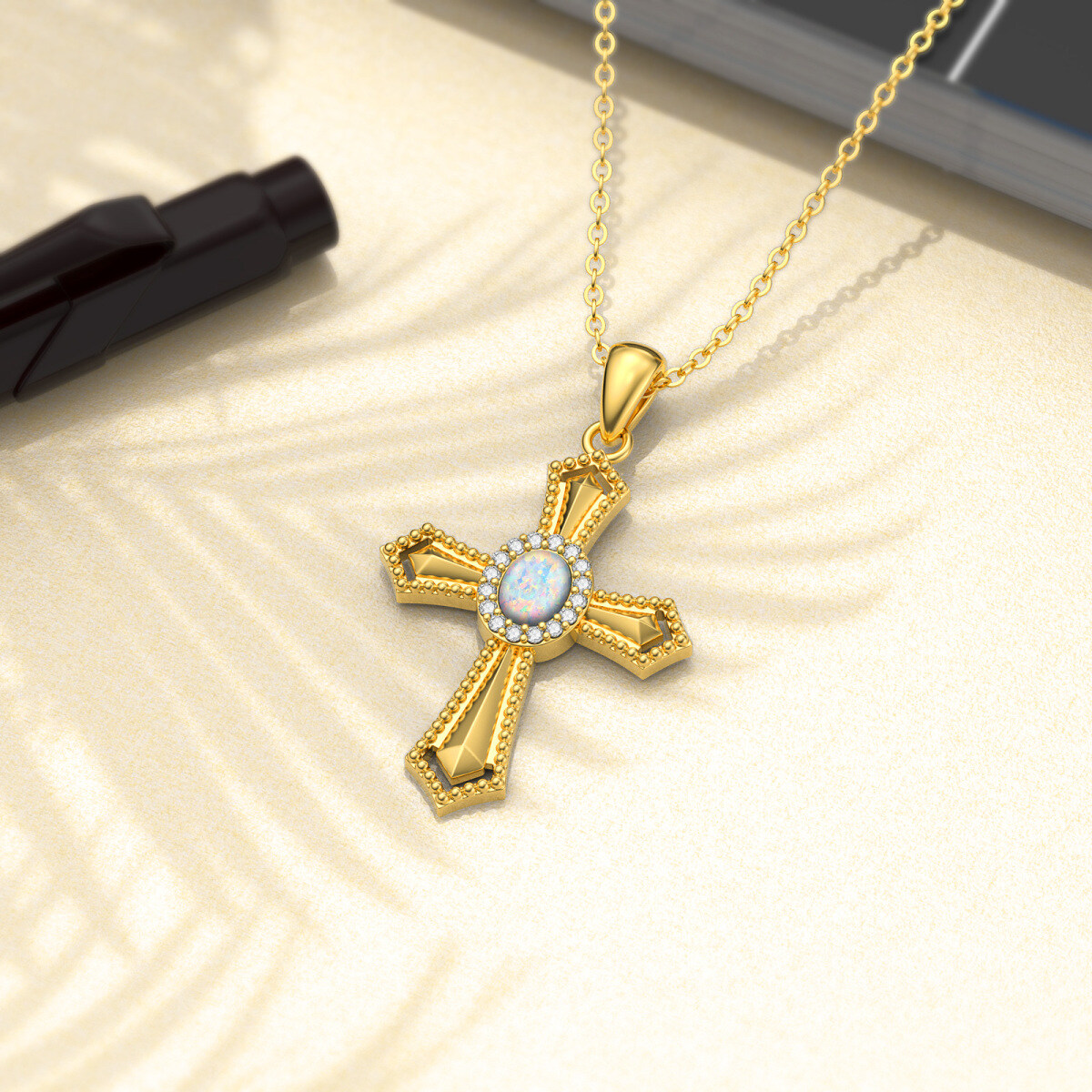 10K Gold Circular Shaped Opal Cross Pendant Necklace-3