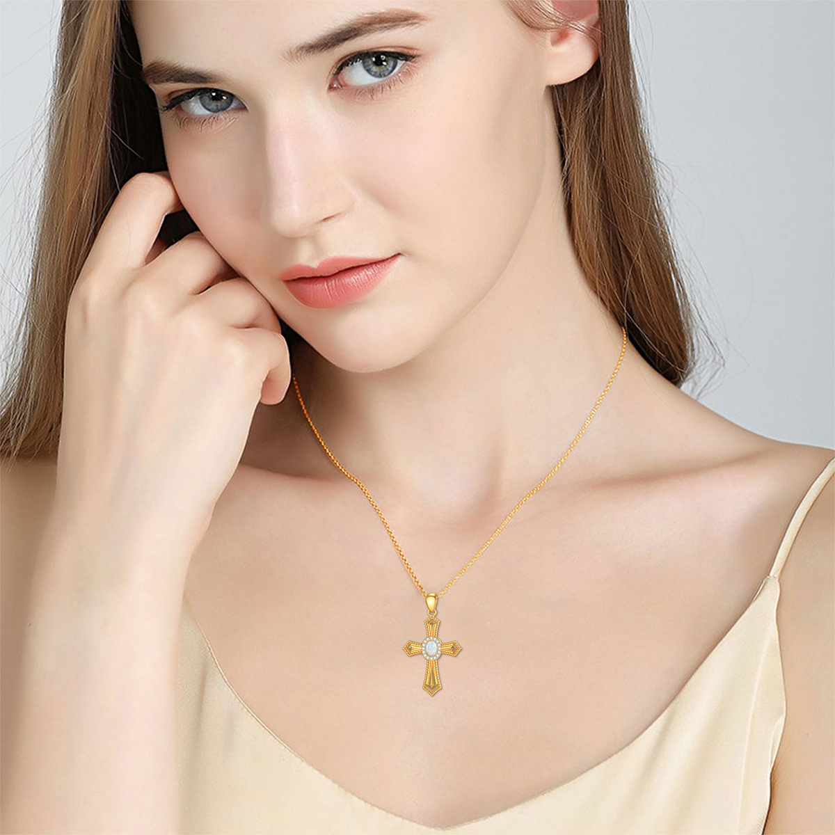 14K Gold Circular Shaped Opal Cross Pendant Necklace-5