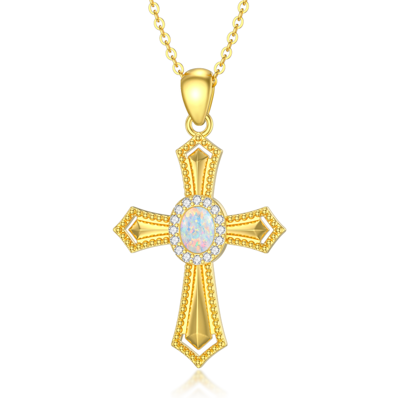 18K Gold Circular Shaped Opal Cross Pendant Necklace-6