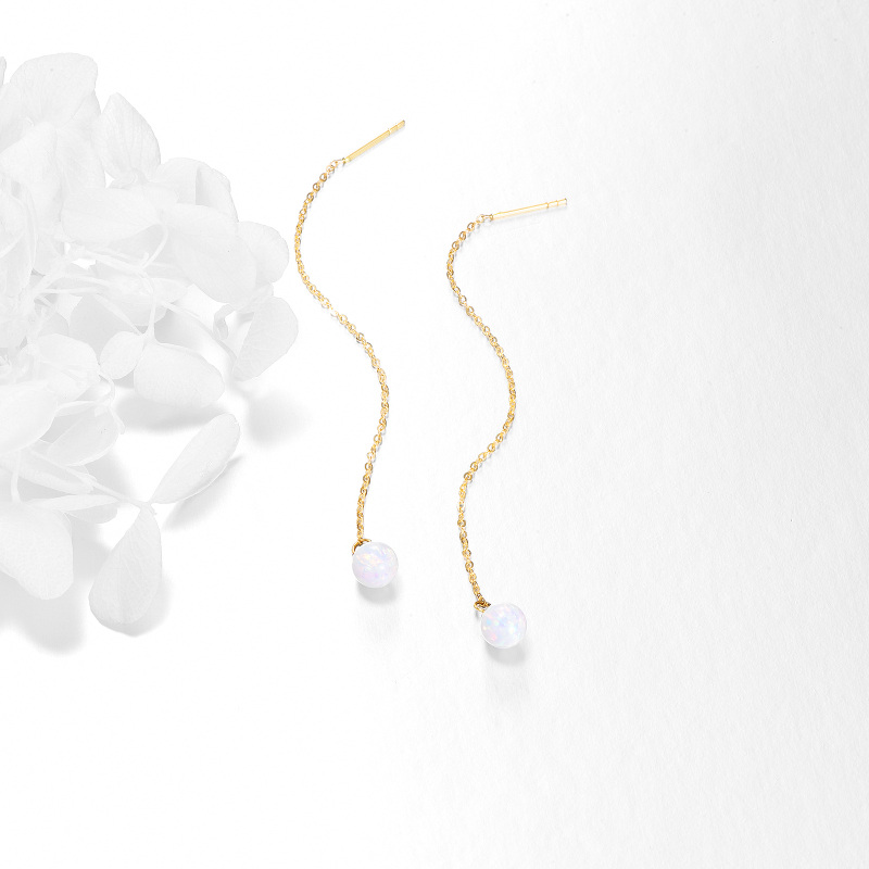 14K Gold Circular Shaped Opal Drop Earrings-3