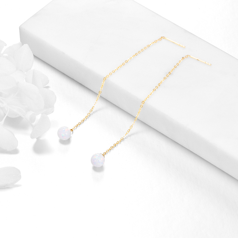 14K Gold Circular Shaped Opal Drop Earrings-4