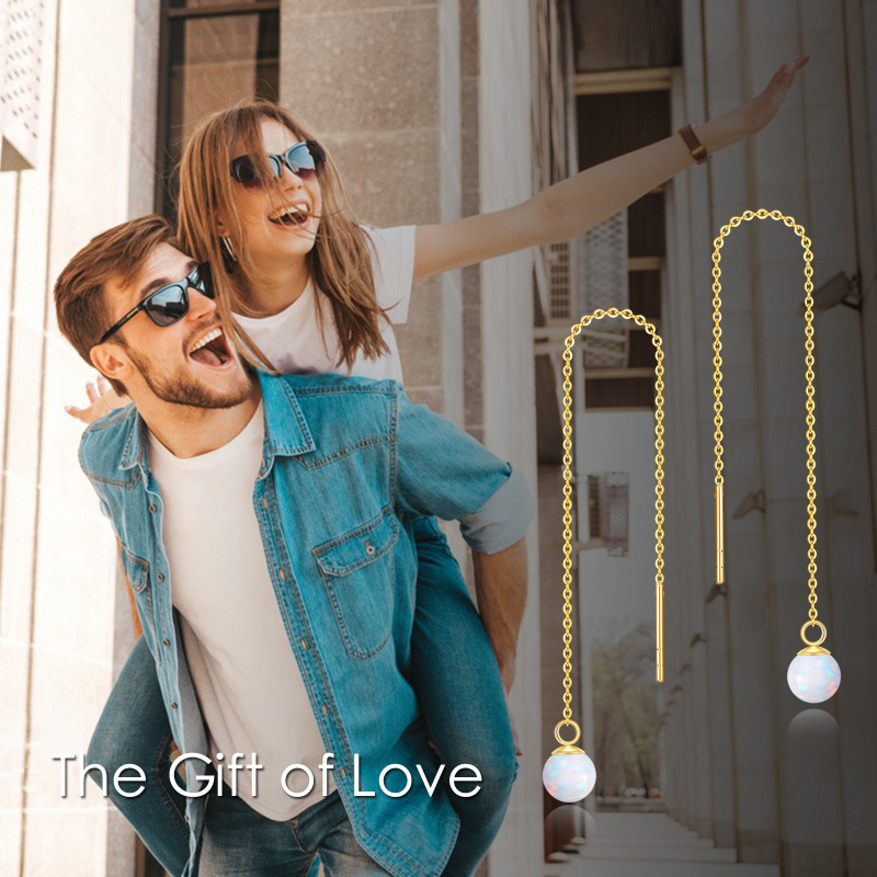 14K Gold Circular Shaped Opal Drop Earrings-5