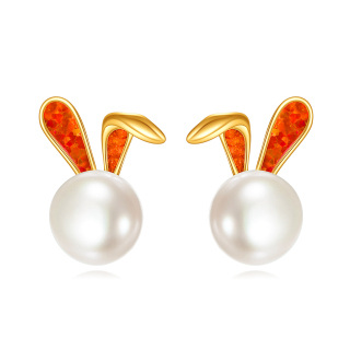 10K Gold Circular Shaped Opal & Pearl Rabbit Stud Earrings-7