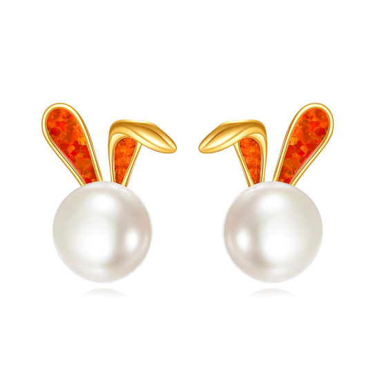 10K Gold Circular Shaped Opal & Pearl Rabbit Stud Earrings