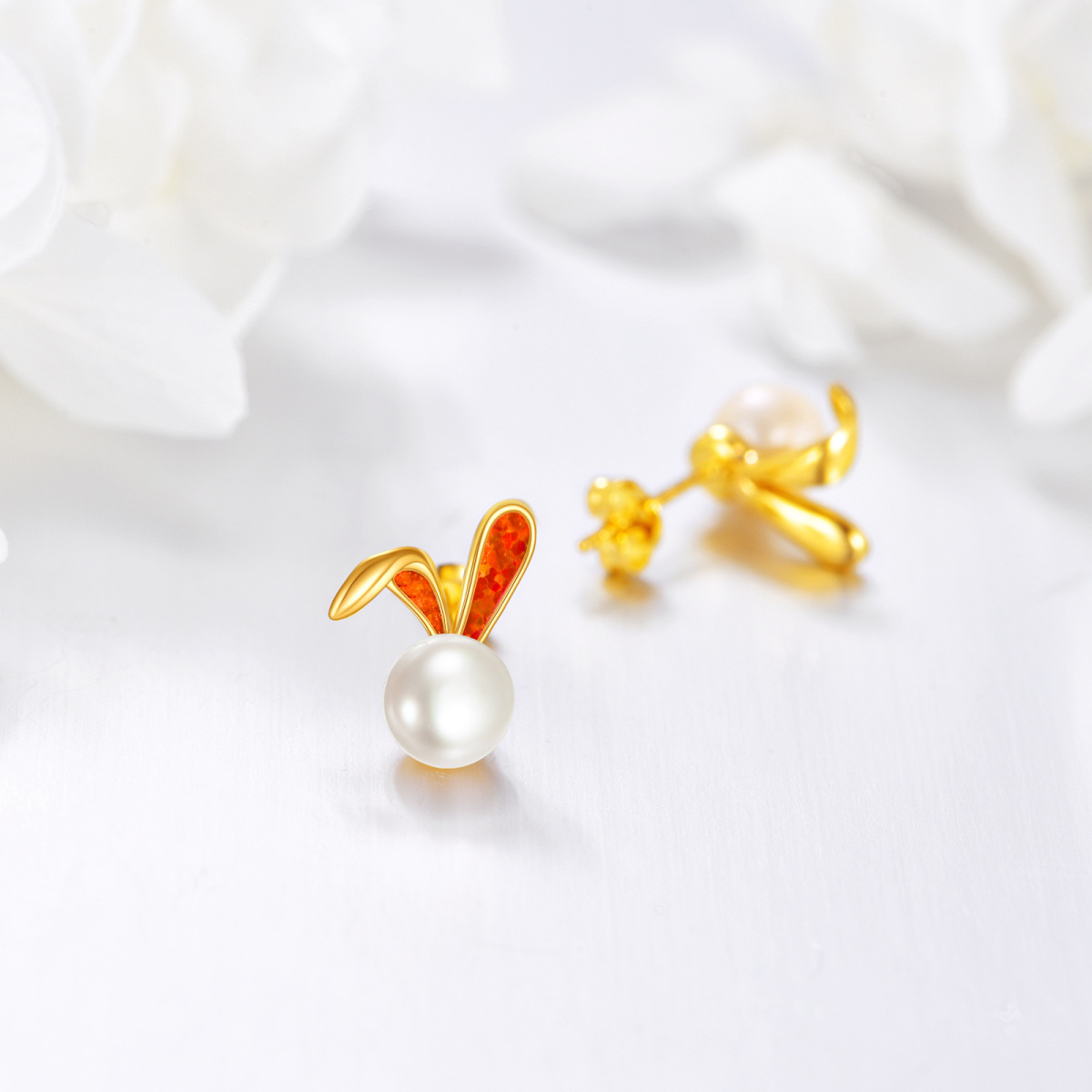 Boucles d'oreilles lapin en or 14K avec opale et perle de forme circulaire-4