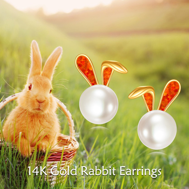 10K Gold Circular Shaped Opal & Pearl Rabbit Stud Earrings-5