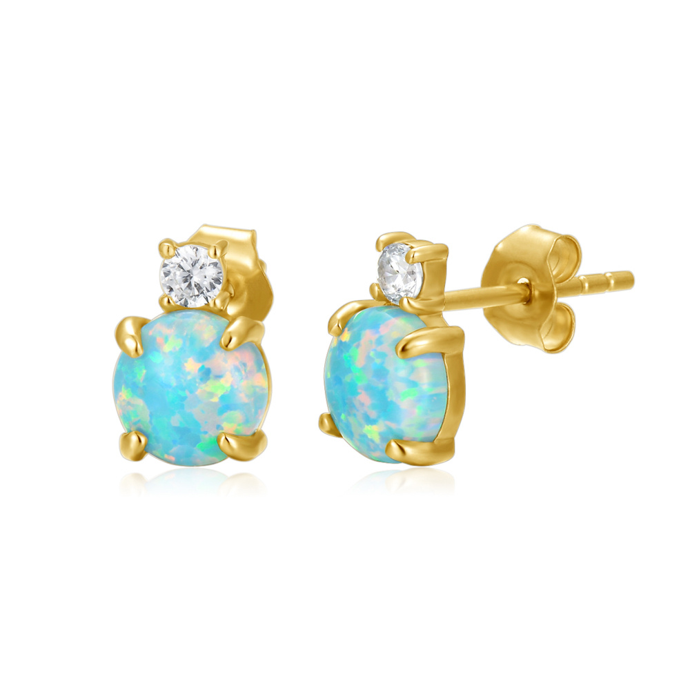 10K Gold Circular Shaped Opal Round Stud Earrings-1