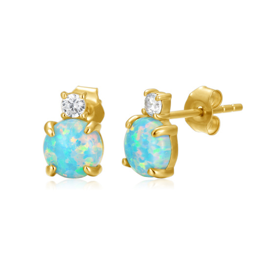 14K Gold Circular Shaped Opal Round Stud Earrings-2