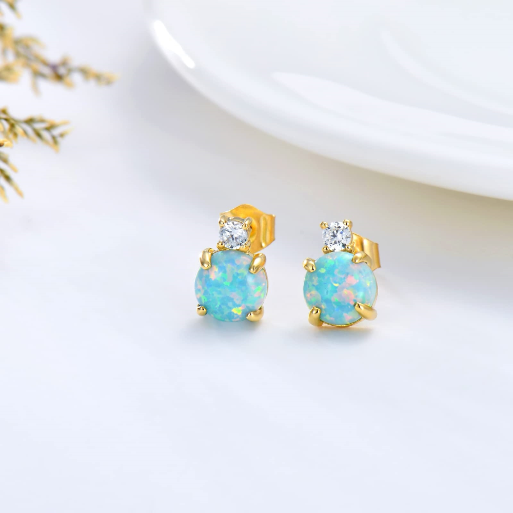 10K Gold Circular Shaped Opal Round Stud Earrings-3