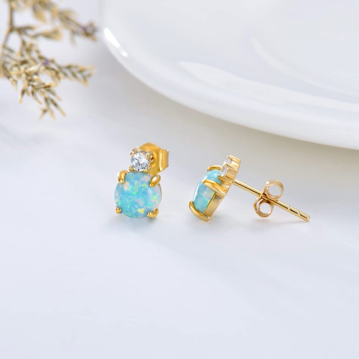 14K Gold Circular Shaped Opal Round Stud Earrings-4