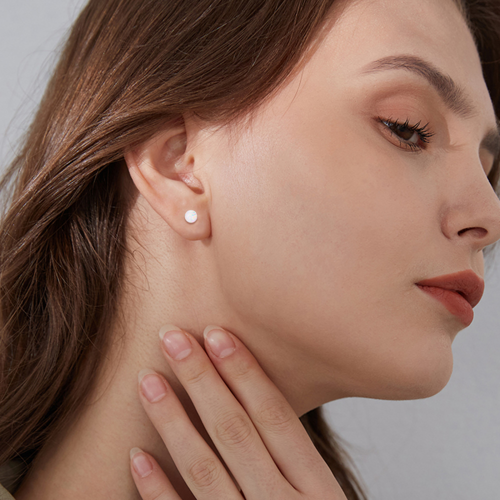 10K Gold Circular Shaped Opal Round Stud Earrings-2