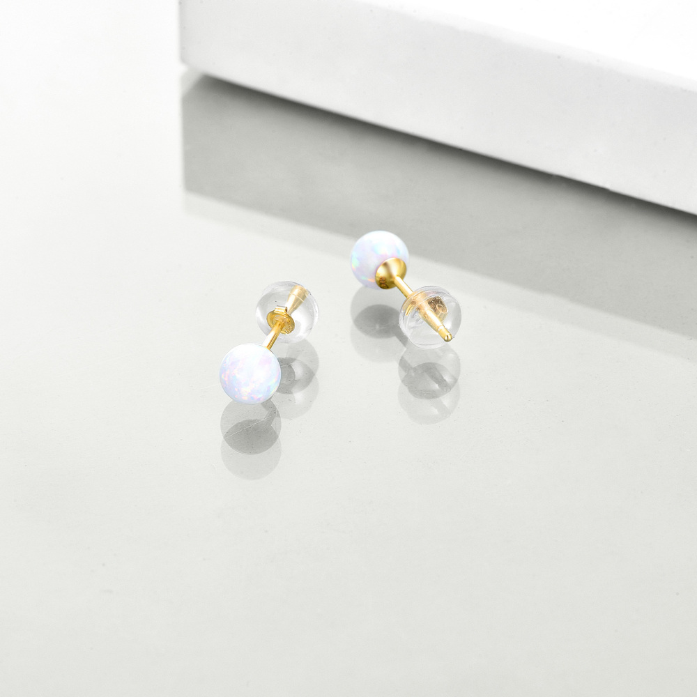 10K Gold Circular Shaped Opal Round Stud Earrings-3