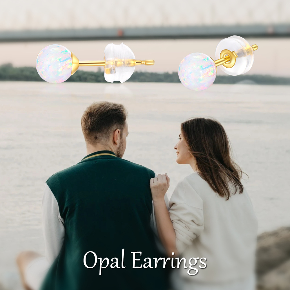 10K Gold Circular Shaped Opal Round Stud Earrings-6