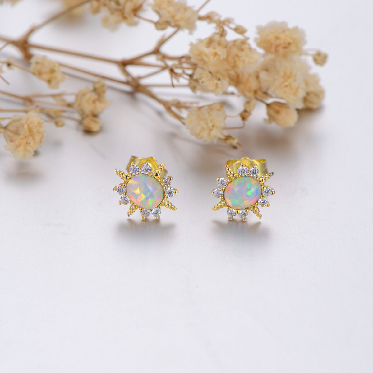 14K Gold Circular Shaped Opal Stud Earrings-3