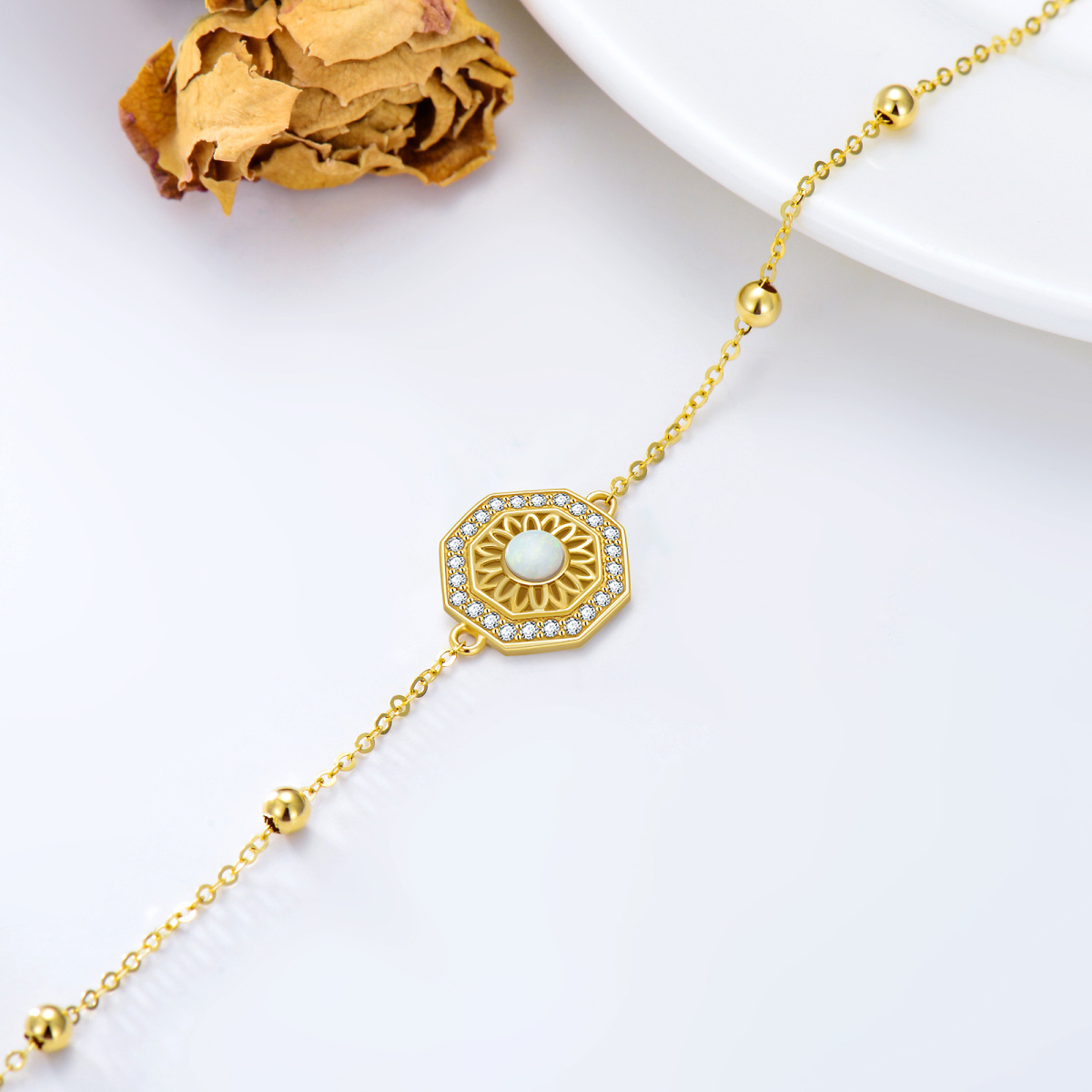 Bracelet en or 14K avec pendentif tournesol en opale de forme circulaire-4