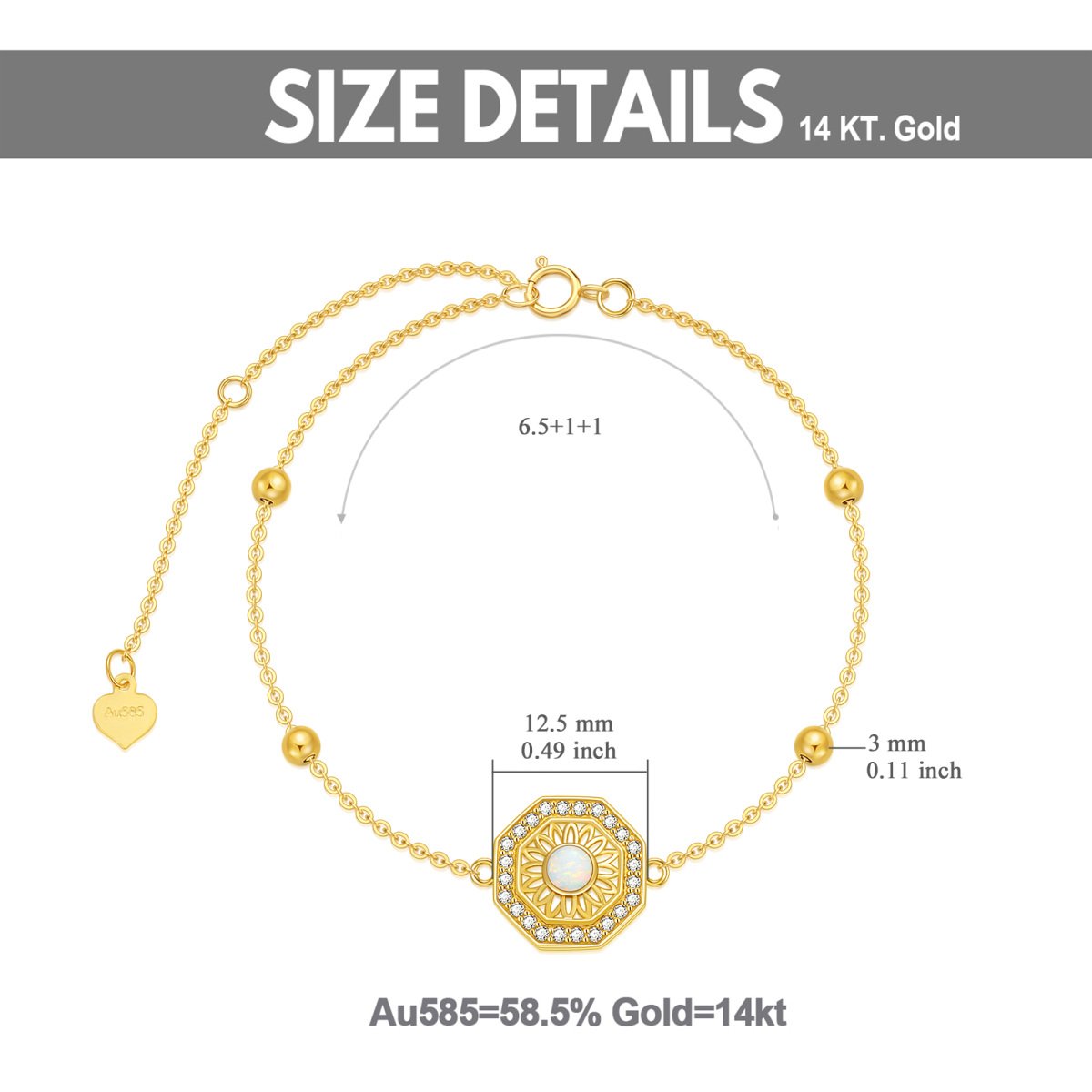 Pulseira com pingente de girassol de opala em forma circular em ouro 14K-5