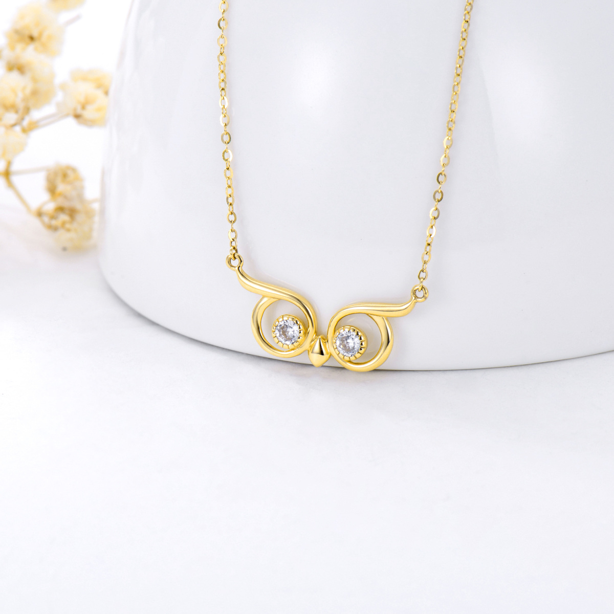 10K Gold Circular Shaped Cubic Zirconia Owl Pendant Necklace-4