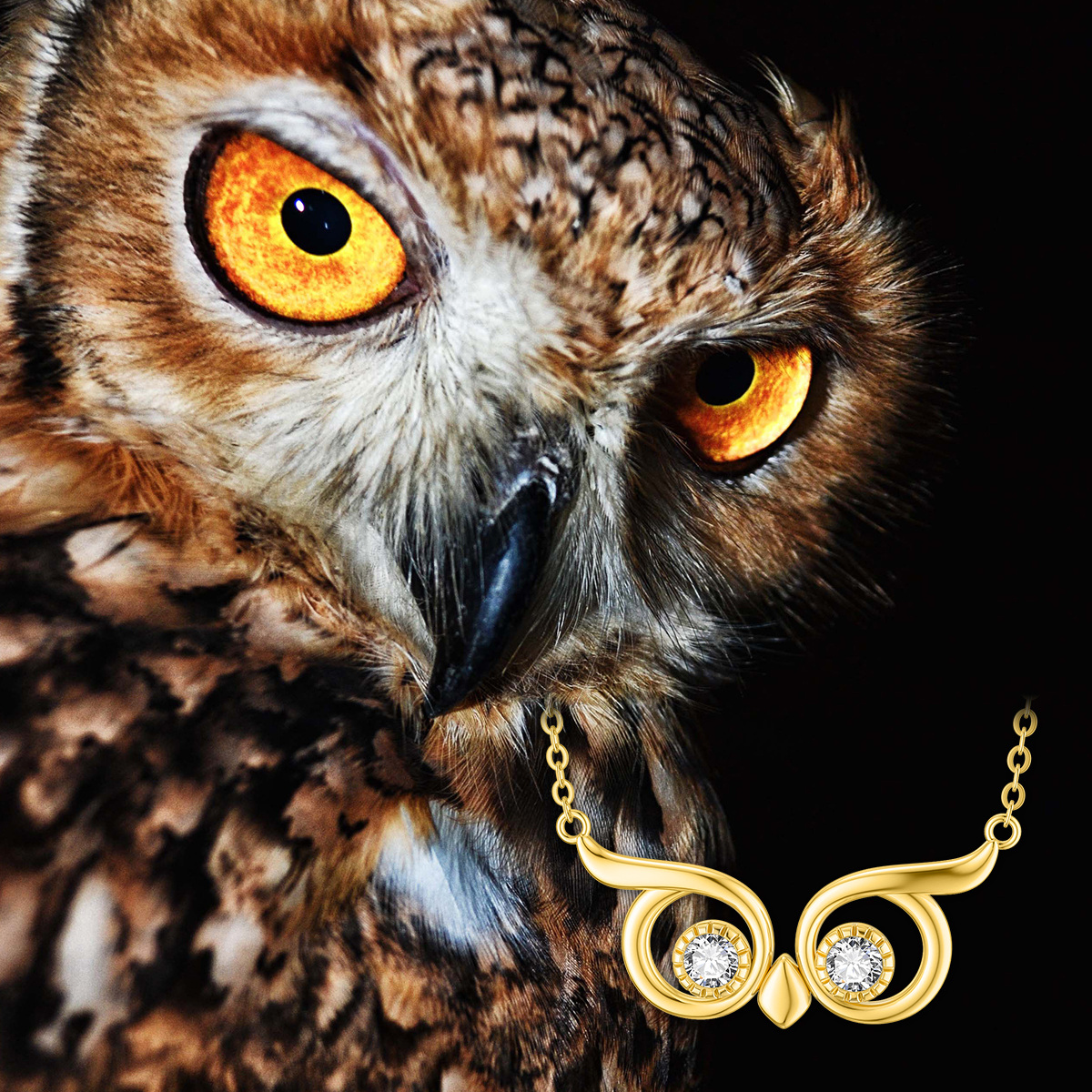 10K Gold Circular Shaped Cubic Zirconia Owl Pendant Necklace-5