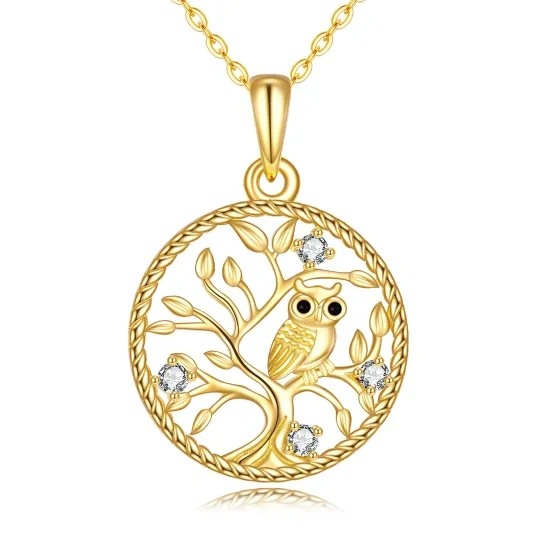 10K Gold Circular Shaped Cubic Zirconia Owl & Tree Of Life Pendant Necklace