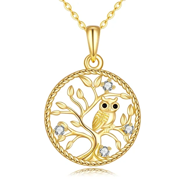 14K Gold Circular Shaped Cubic Zirconia Owl & Tree Of Life Pendant Necklace-2