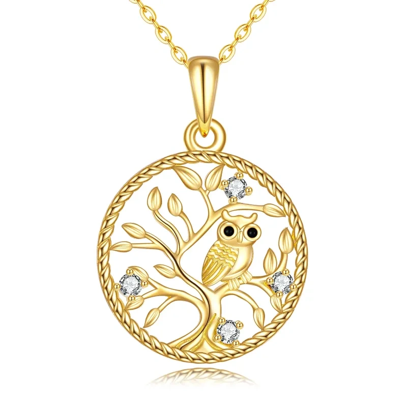 10K Gold Circular Shaped Cubic Zirconia Owl & Tree Of Life Pendant Necklace-9