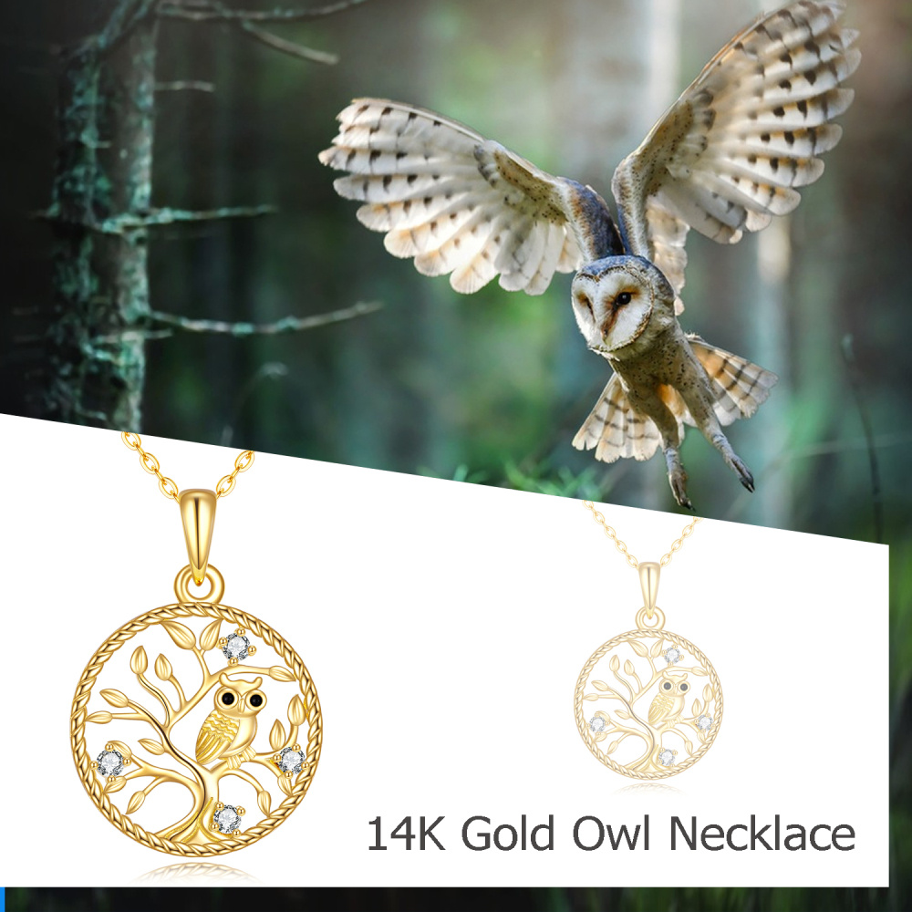 Collier pendentif hibou et arbre de vie en or 10K à zircons cubiques-6