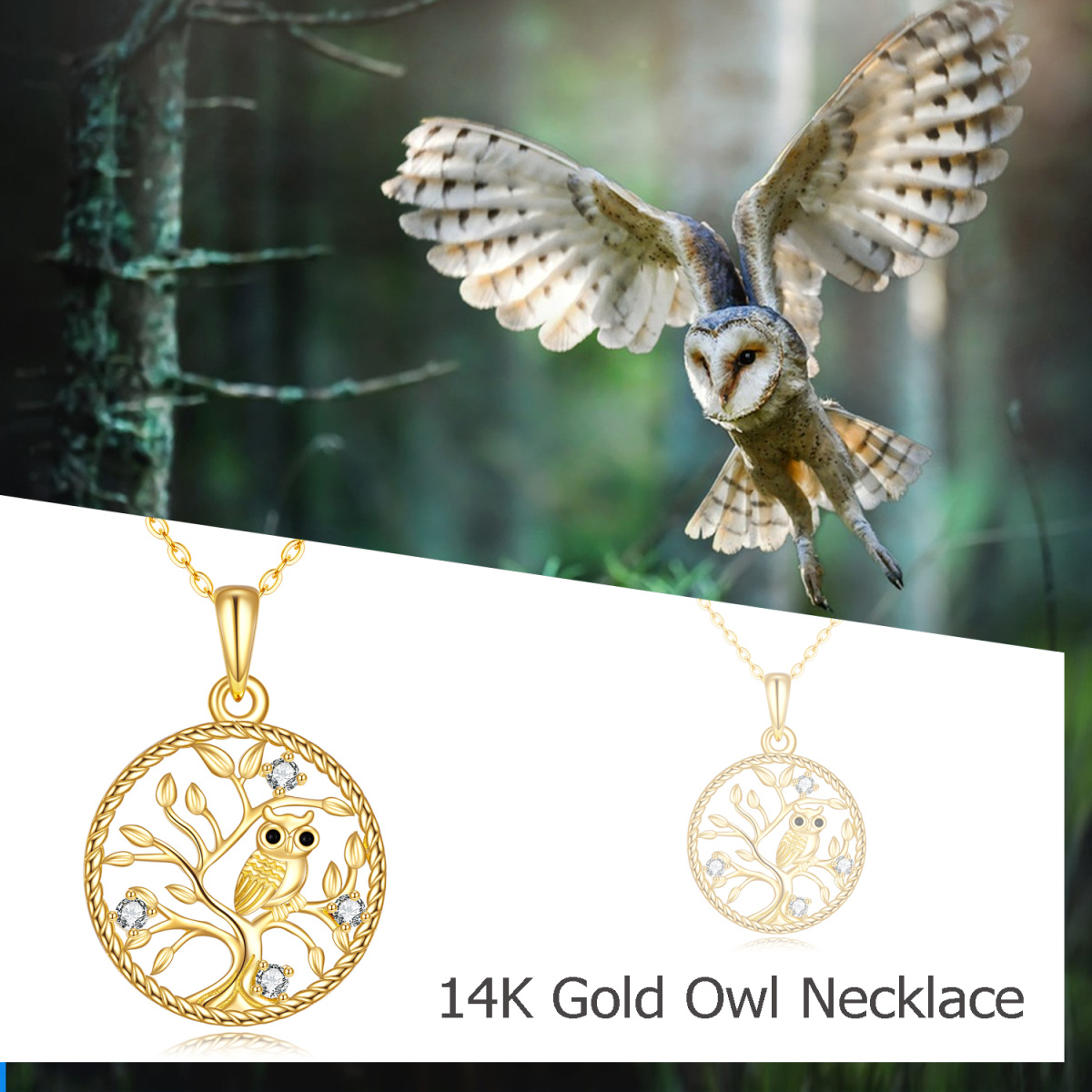 Collier pendentif hibou et arbre de vie en or 14K à zircons cubiques-6